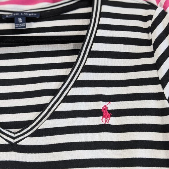 Ralph Lauren T Shirt Top LOT of 2 Womens XL Black Pink Striped V Neck Short Slv - Picture 3 of 9